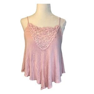 Monteau Crochet Lace Floral Cropped Camisole Top Pink Knit V-Neck Sleeveless S